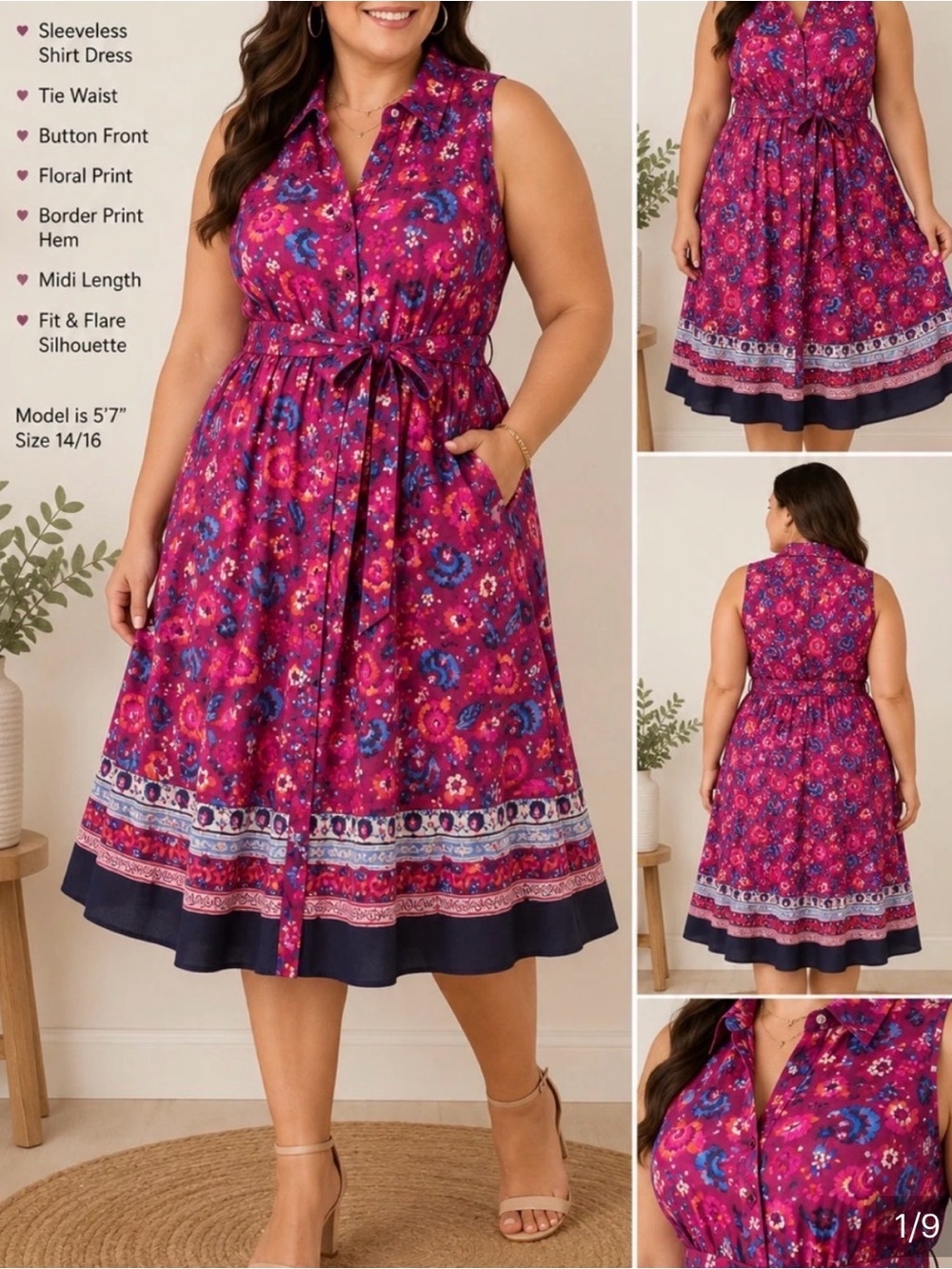 Lane Bryant Floral Midi Dress Size 16- Pink and Blue Button Down Belted Colorful